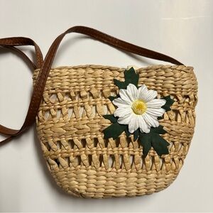 Structured Woven Straw Crossbody Bag with White Daisy Accent